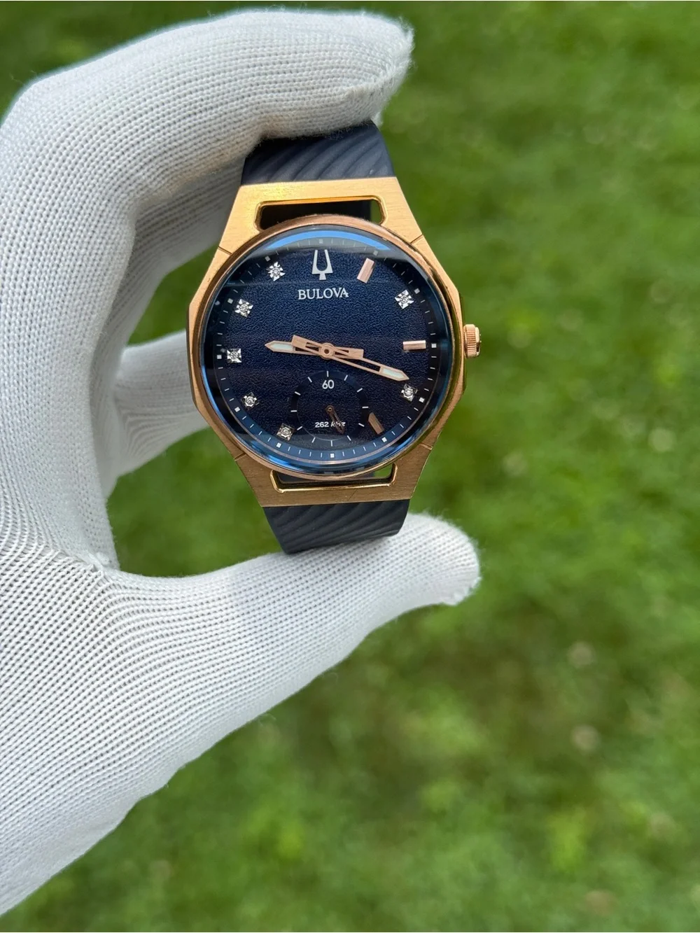 Bulova CURV Marc Anthony Diamond Blue Dial Blue Rubber Strap Watch 40.6mm unisex